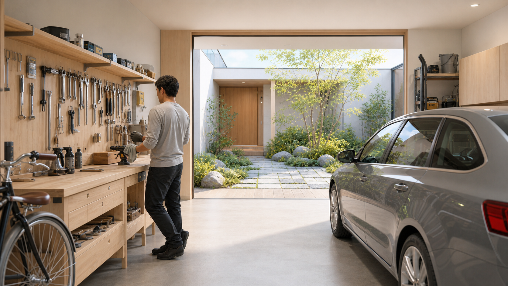 明るいガレージで車と道具の手入れを楽しみながら中庭を眺める暮らし